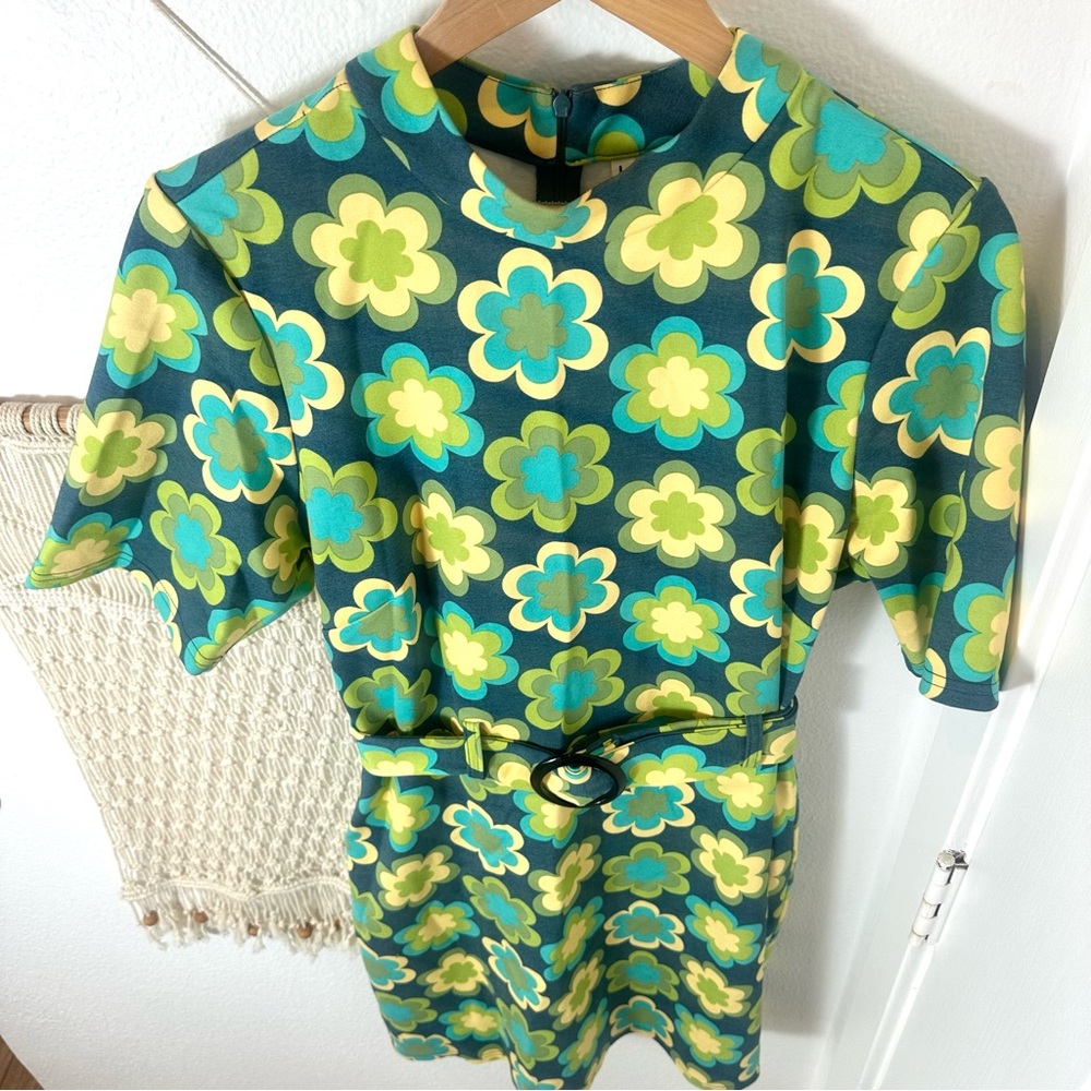 60s Flower Power Retro Vintage Like Floral Patterned Dress 70s Green US 14 - Picture 5 of 8